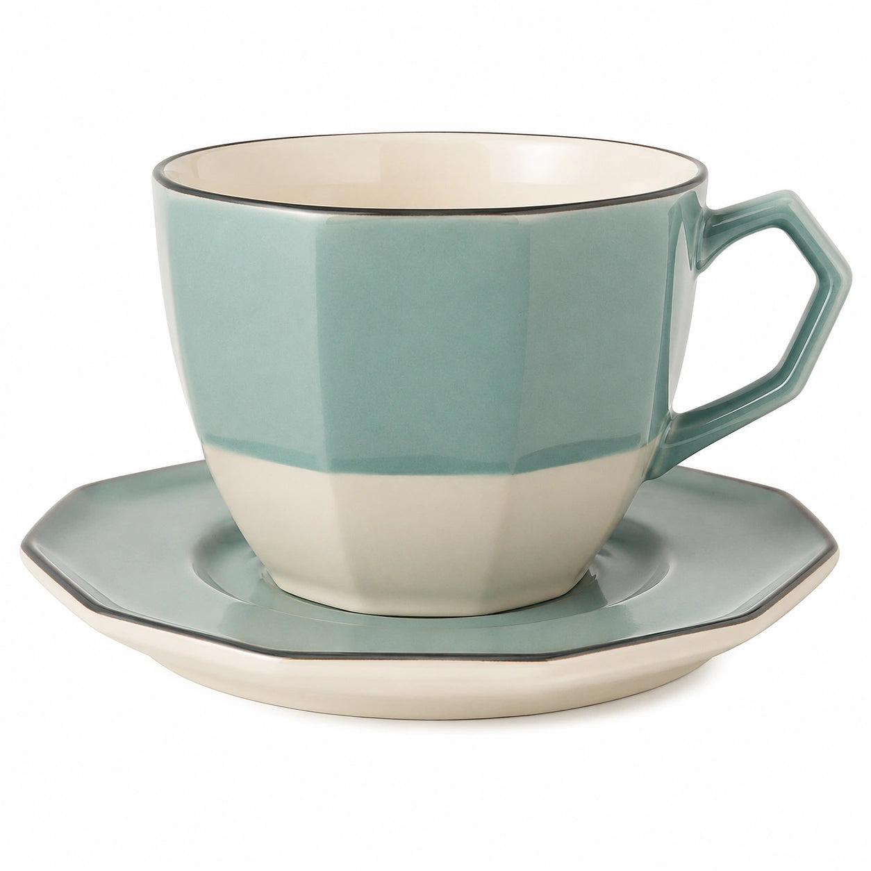 Elegante Keramik Teetasse mit Untertasse 300ml Grün/Beige