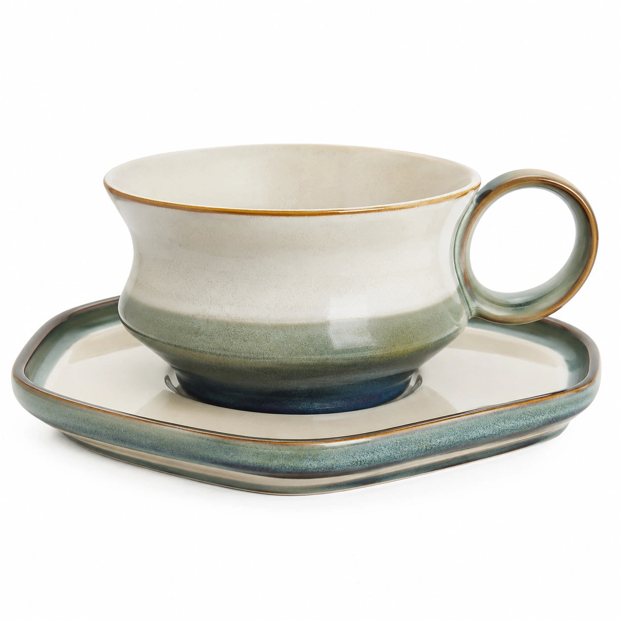 Handgefertigte Keramik Teetasse mit Untertasse 200ml Grün/Beige