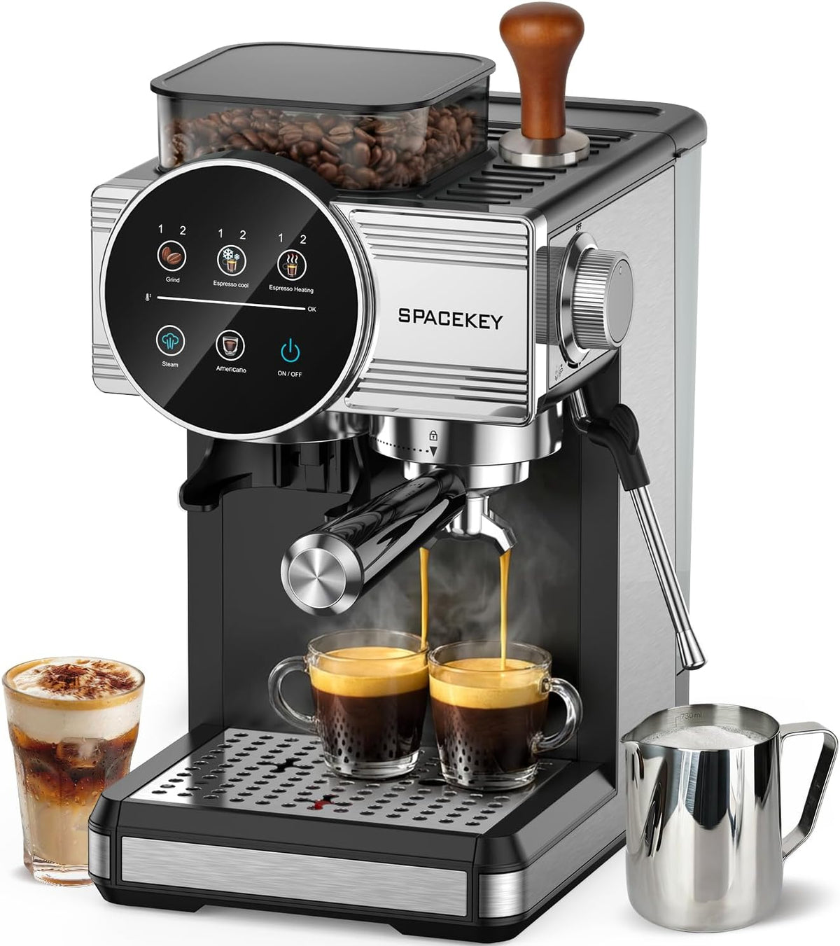 Spacekey Semi-Automatic Espresso Machines, 20 Bar, Silber/Schwarz, Cold Brew, 30 Grind Settings, Cappuccinos