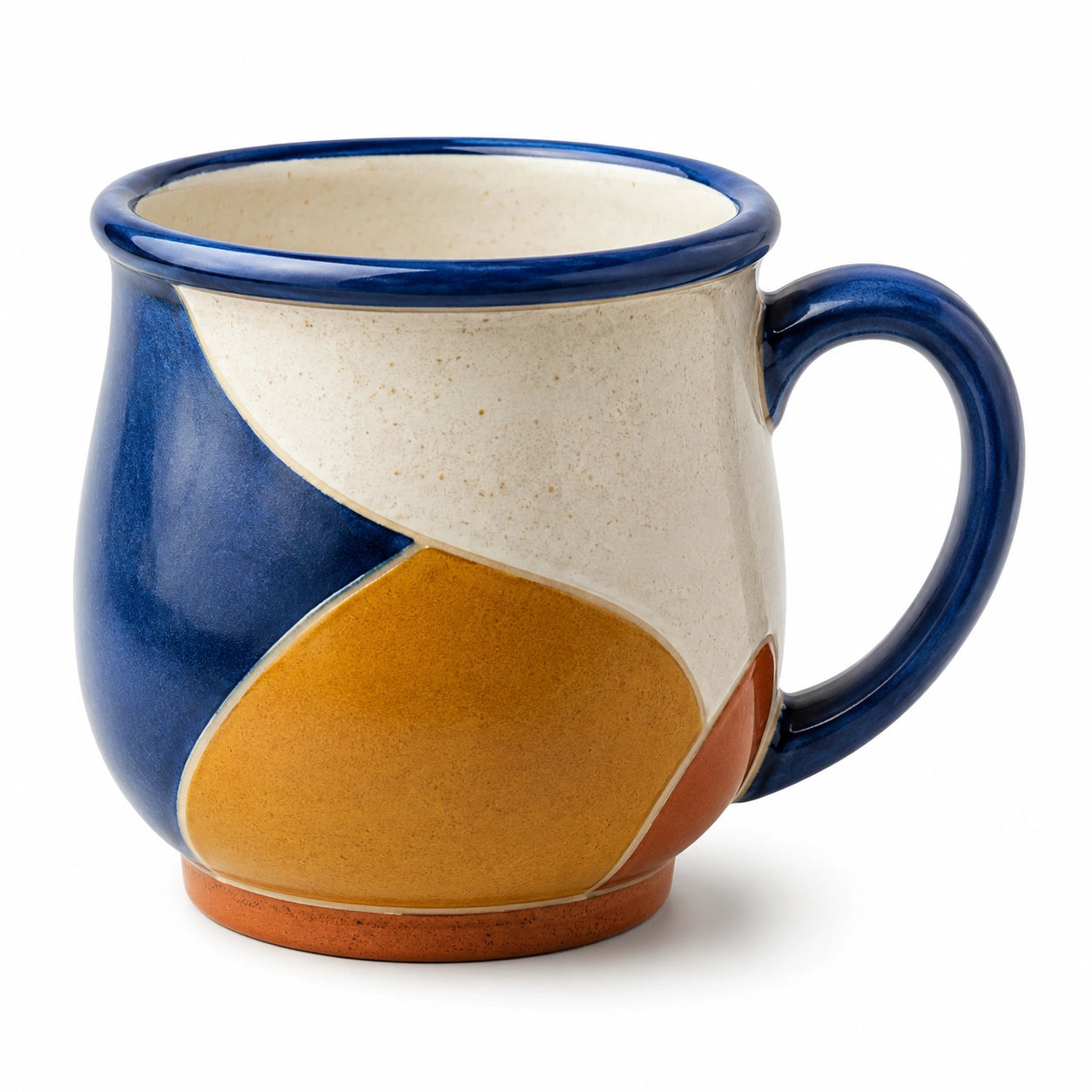 Handgefertigte Keramiktasse mit Abstraktem Muster in Blau/Beige/Orange