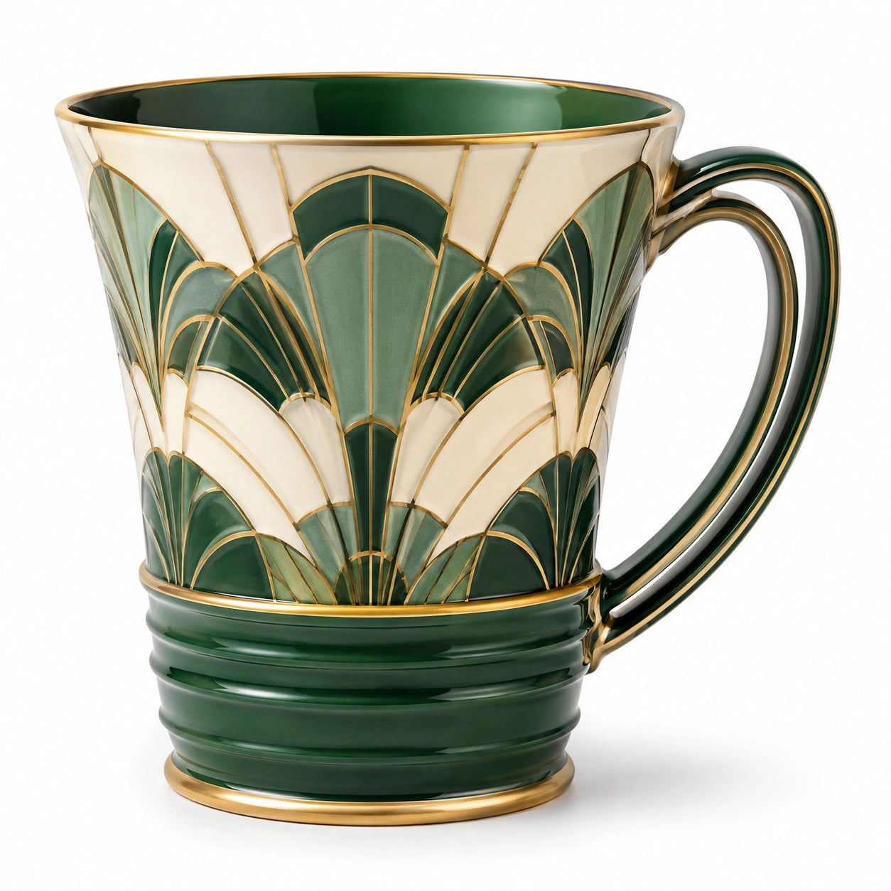 Art Deco Porzellantasse in Grün und Beige mit Goldakzenten