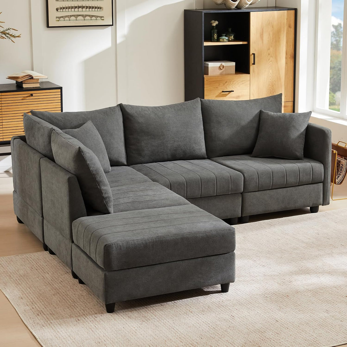 Sofa Idemon, Grau, Modernes Eck mit vertikalen Streifen, 5-Sitzer mit umwandelbarem Fußhocker für Wohnzimmer