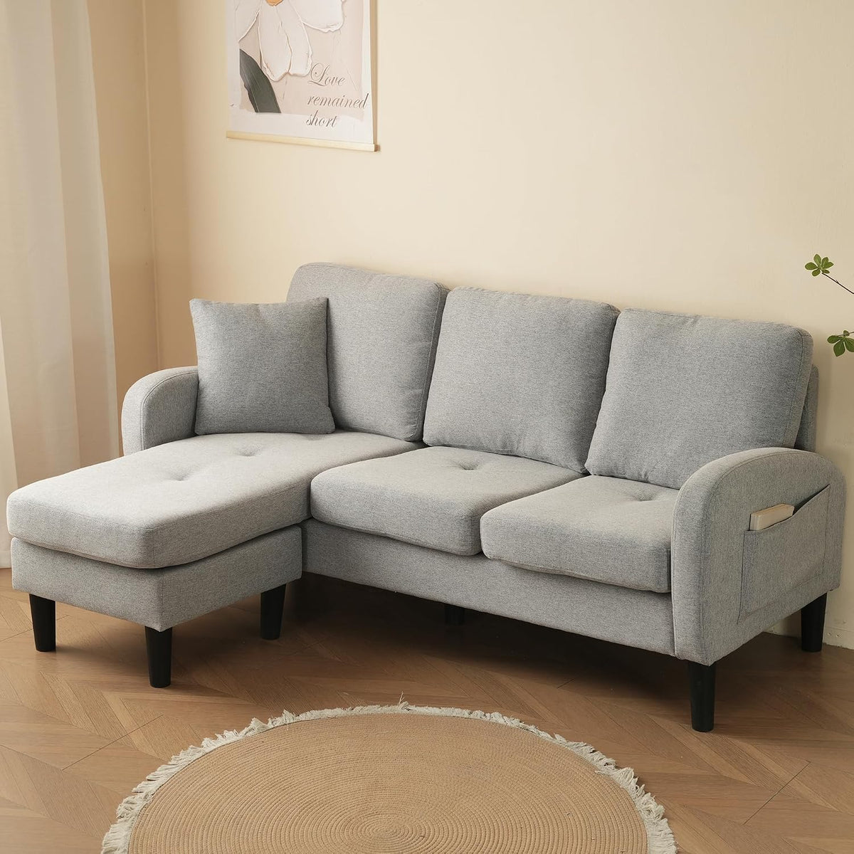 Sofa sogesfurniture, 166 x 118 x 77 cm, Grau, Modulares Eck mit Chaiselongue, L-förmiges 3-Sitzer- mit Kissen, Atmungsaktiver Baumwoll-Leinenstoff