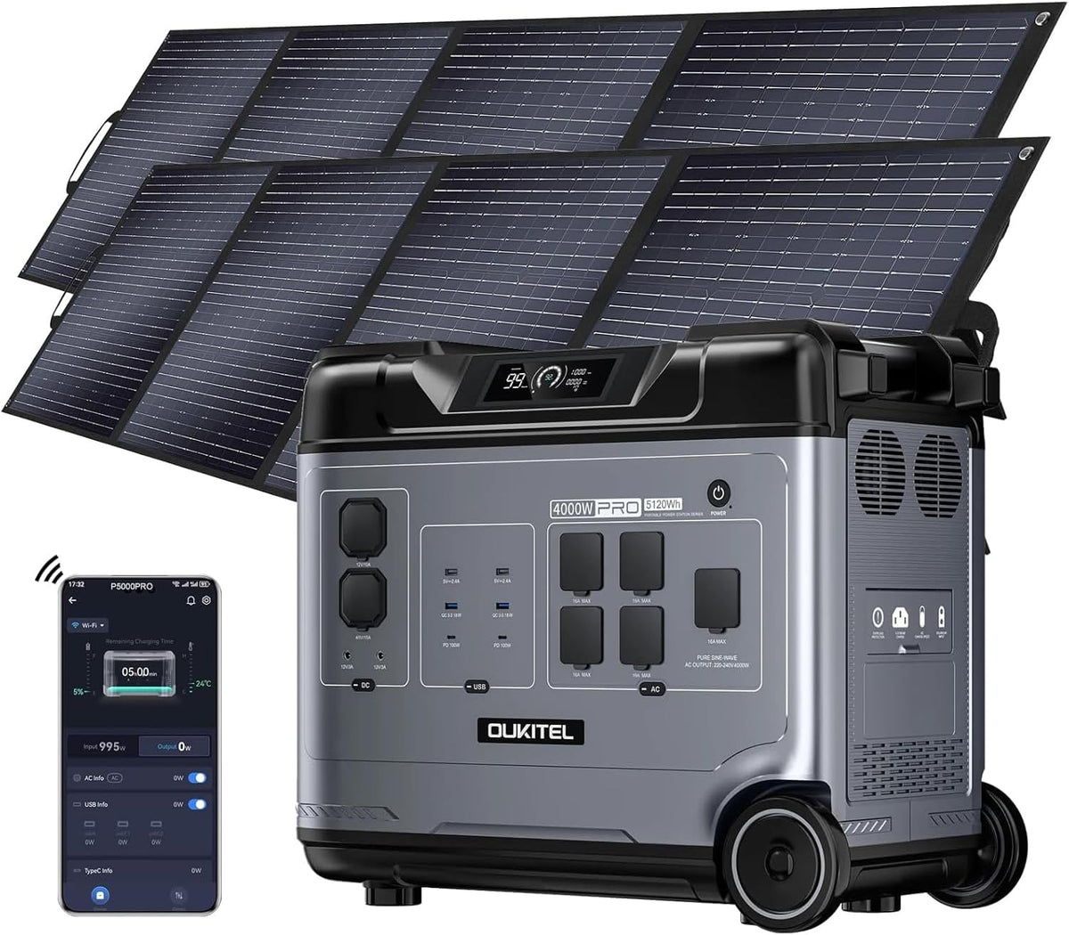 Raikon Powerstation, 5120 Wh, 4000 W, 200 W, Schwarz/Grau, OUKITEL P5000 Pro Tragbare mit 2 x Solarpanels, Solar Generator