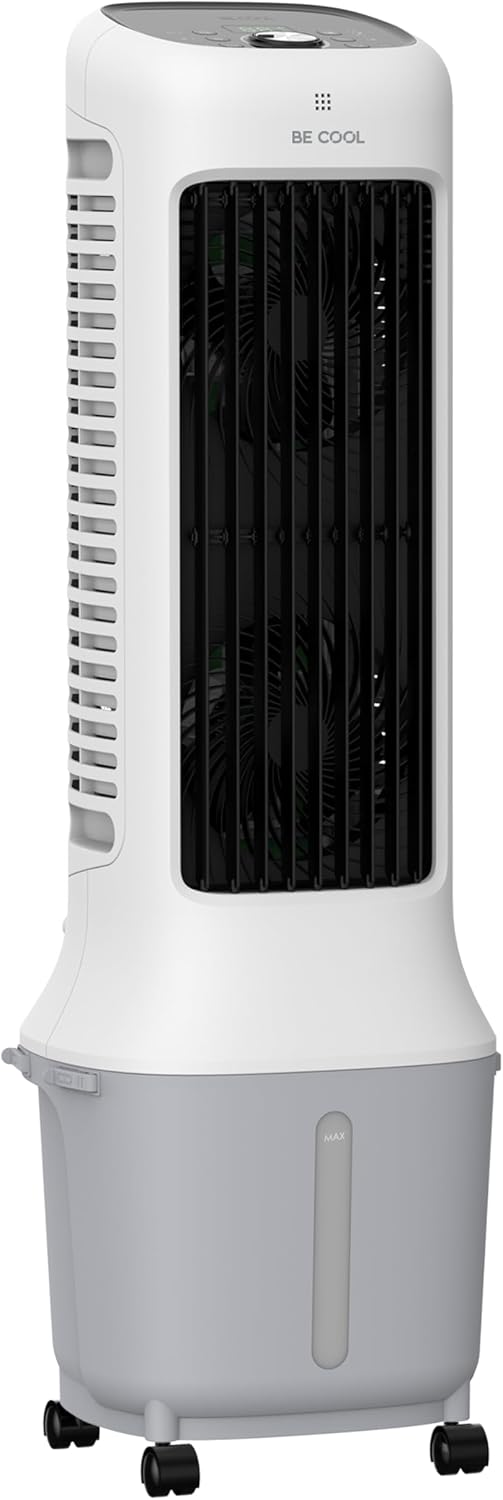 Be Cool Mobiles Klimagerät, 12,5m, 10 L, 38 W, Weiß/Grau, Turmluftkühler mit Wassertank & WLAN, 24 Geschwindigkeiten