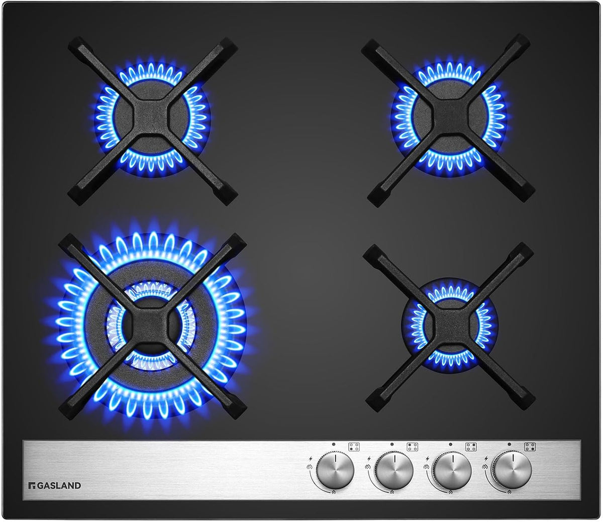GASLAND Kochfeld, 60 cm, Schwarz, GH6604BG1FC Glas Gas Einbau Glas 4 Flammig, Gas mit Wok Brenner, Glasherd, Butan Gas Kocher 8000 Watt