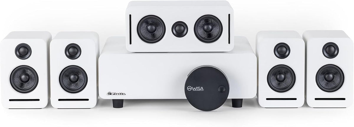 5.1 Fernseher, Weiß, Heimkino Soundsystem Dolby Atmos, kabelloses Surround Sound System mit WiSA Low Latency, kompaktes Monaco Set