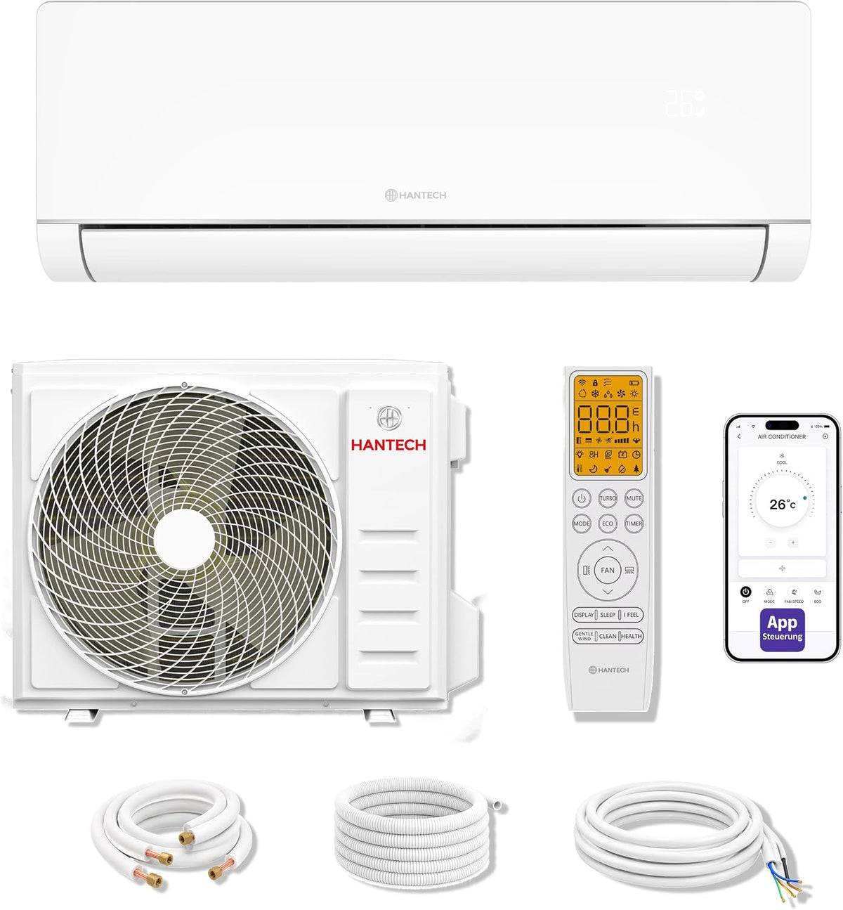 Hantech Split-Klimaanlage, 5,2 kW, 3m, Weiß, Split Klimaanlage 18000 BTU WLAN R32 H-Plus Leitung