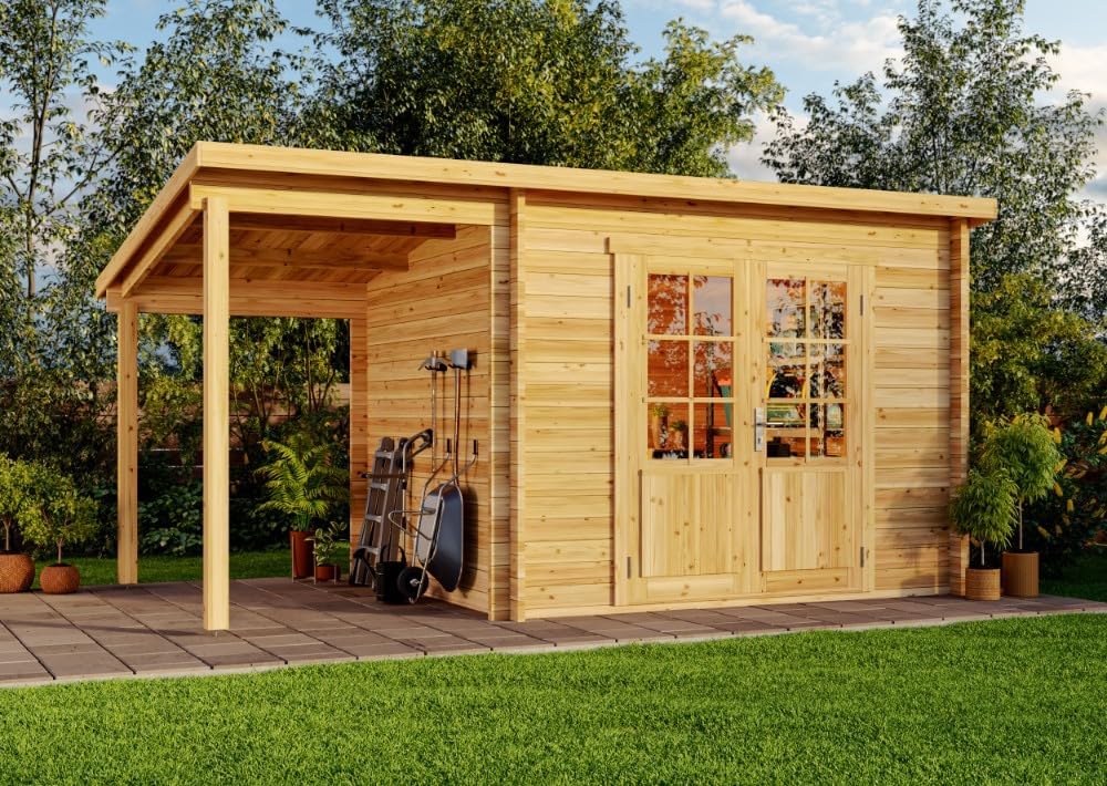 Gerätehaus Alpholz, 450 x 272 cm, 28 mm, Holz, Gartenhaus Maria mit Schleppdach aus mit Wandstärke