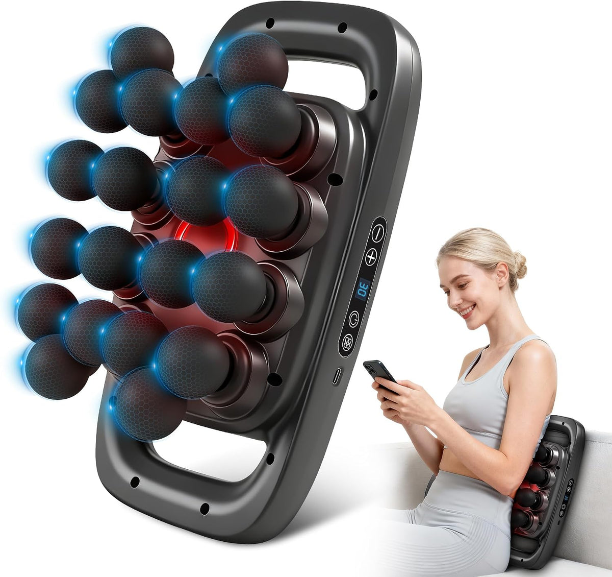 Kocuno Rückenmassage, Schwarz, 20 Kopf Massagepistole Set, Tiefengewebe Massagegerät mit 3 Modi & 30 Stufen, Muskelmassagegerät Schmerzlinderung