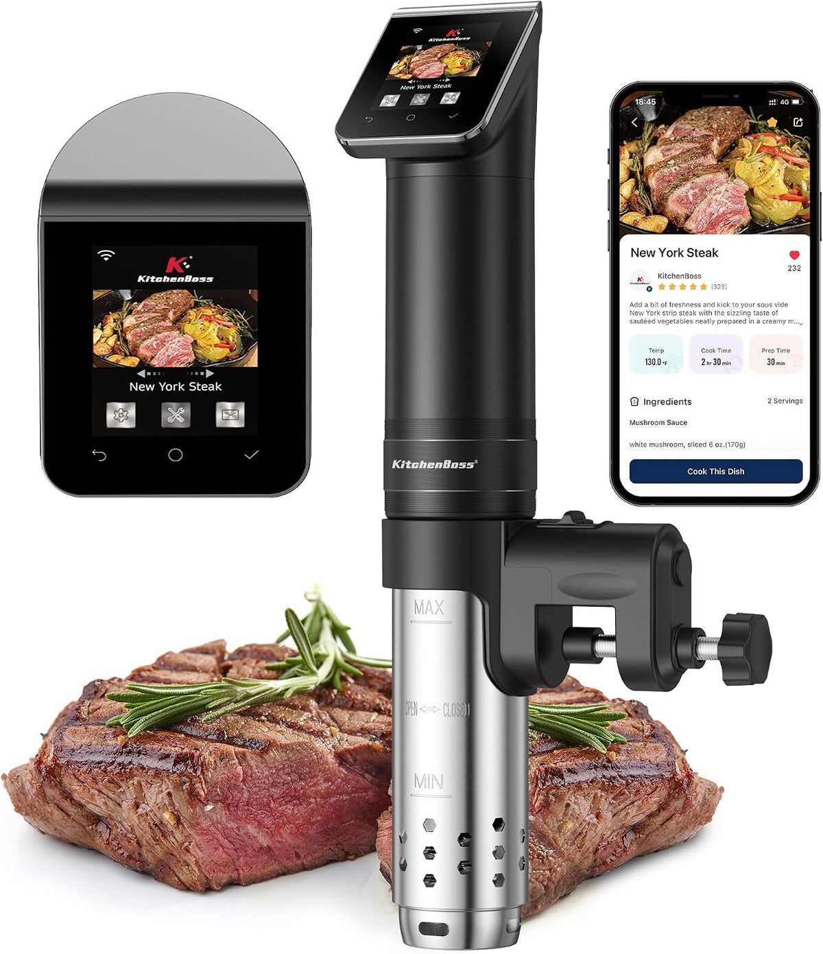 KitchenBoss Sous-Vide Garer, Schwarz, Sous Vide Garer Stick WLAN: G330 Wifi Präzisionskocher