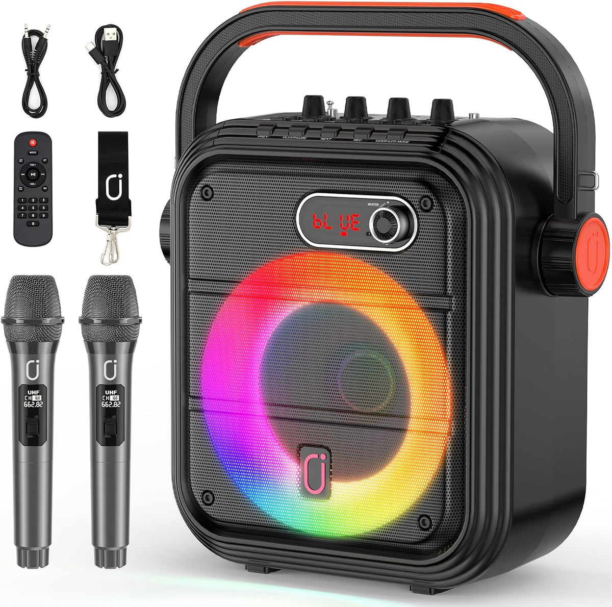 JYX Audiogerät, Schwarz, Karaoke Maschine mit 2 kabellose Mikrofones, Tragbaren Bluetooth Lautsprecher mit RGB-Licht Unterstützt