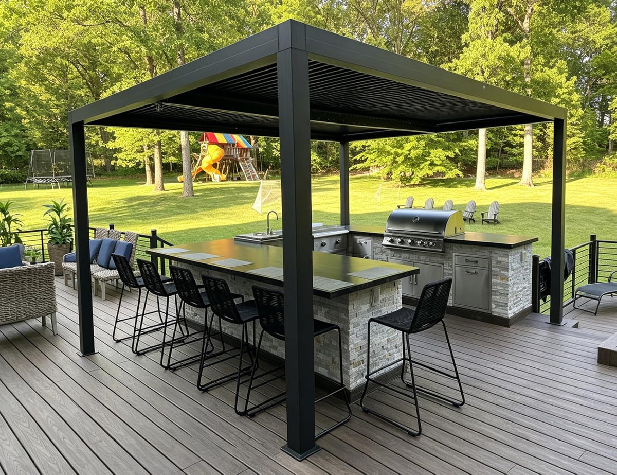 PURPLE LEAF Pavillon, 4.5 m, Grau, Pergola 3.33 x Alu Lamellendach Entwässerungssystem