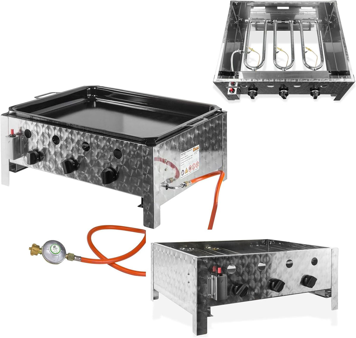 DEMA Gasgrill, 10 kW, Silber/Schwarz, Gasbräter mit 3 Flammen, Leistungsstarker Gastrobräter, Für Grill & Outdoor-Küche