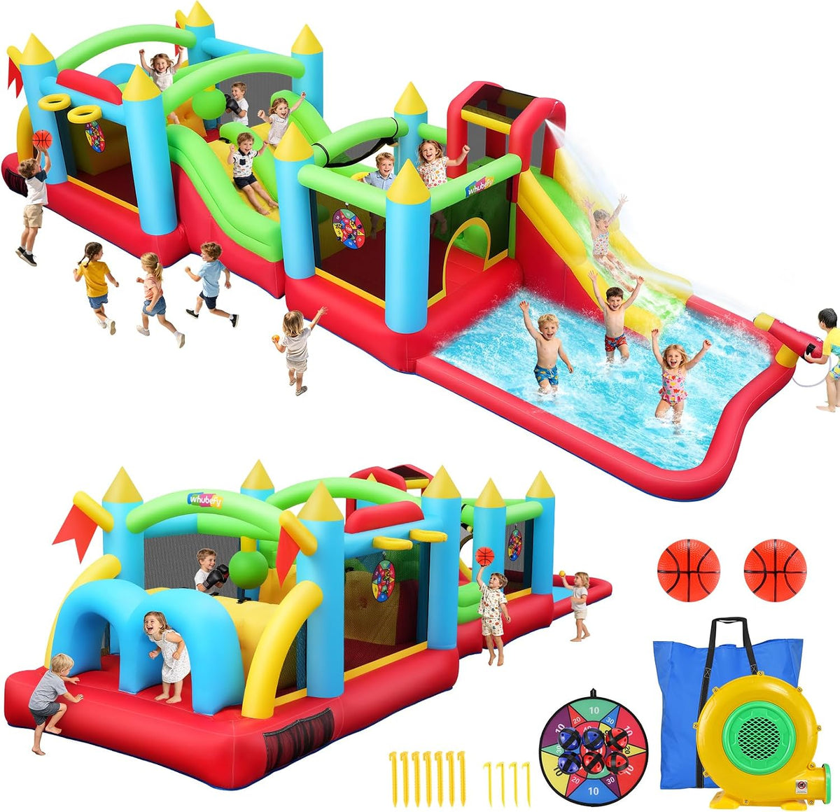 AKEYDIY Hüpfburgen, Mehrfarbig, Aufblasbare Wasserrutsche Hüpfburg für Kinder, 2-in-1 Verbindbares Aufblasbares Trampolinburg-Set