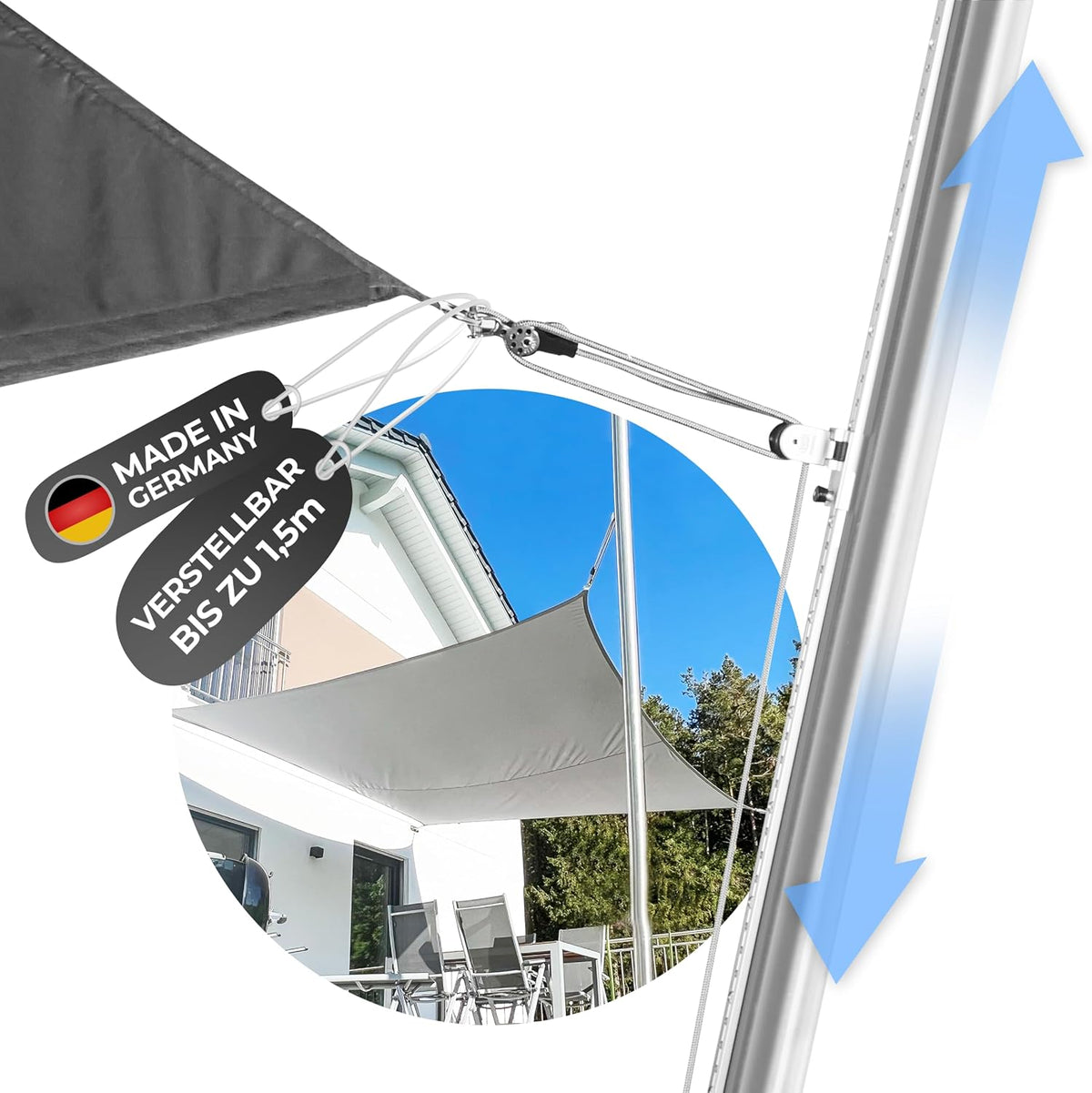 Toldoro Sonnensegel, 3m, Silber, mast höhenverstellbar/rostfreier mast aus V2A