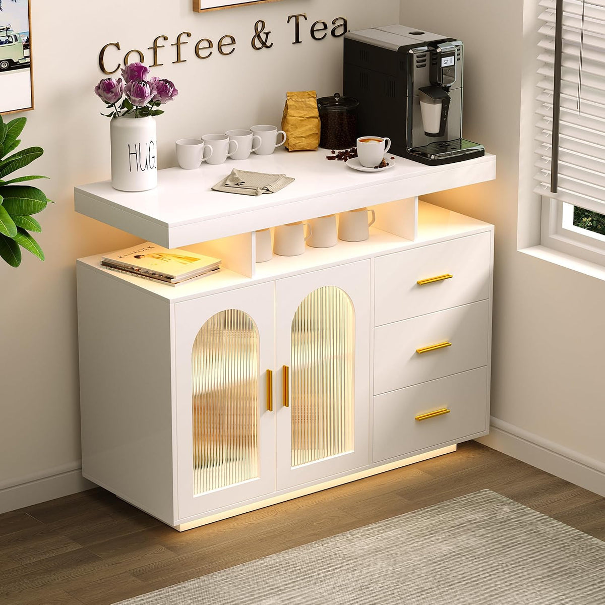 FREDEES Sideboard, Weiß/Gold, küchenschrank mit 3 Schubladen, Buffetschrank mit Auto-Sensor 20 Farbe Lichter, Esszimmer (weiß)