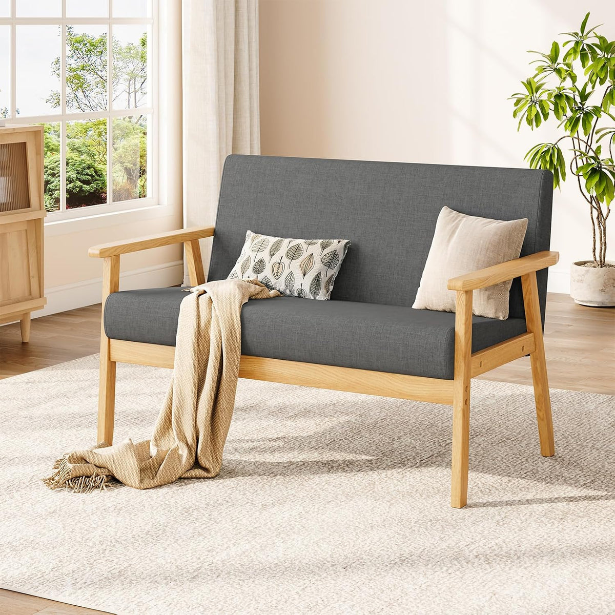 Sofa Dripex, 113x67x75 cm, Dunkelgrau/Hellgrau, 2 Sitzer, Stoff Couch Modern und Skandinavisch, Lounge aus Holz und Leinenstoff