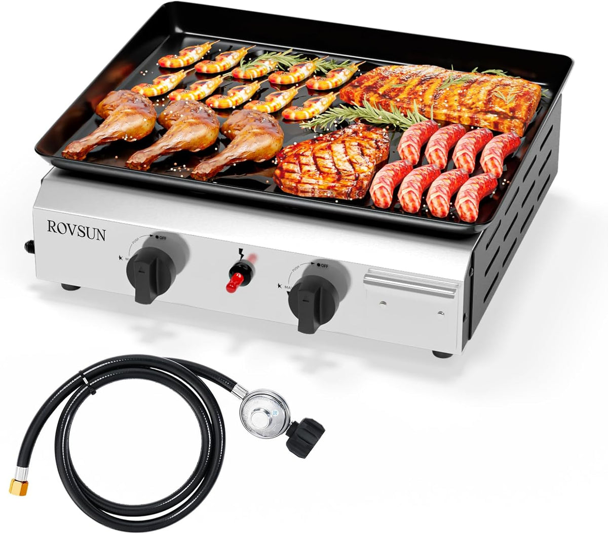 ROVSUN Gasgrill, 44x39x16 cm, 4,8 kw, Grau, Camping Tischgrill aus Edelstahl, mit 2 Brennern, Garten & Strand, ohne Strom