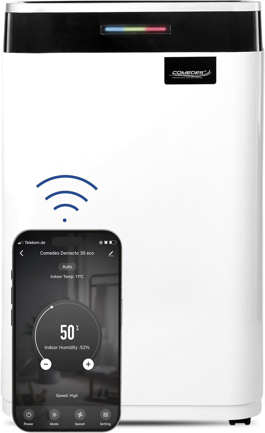 Comedes Luftentfeuchter, 25 Liter, 100m, 230m, weiß/schwarz, Demecto 30 eco WiFi, Bautrockner (max. / 24h) Geeignet für alle Räume und Keller