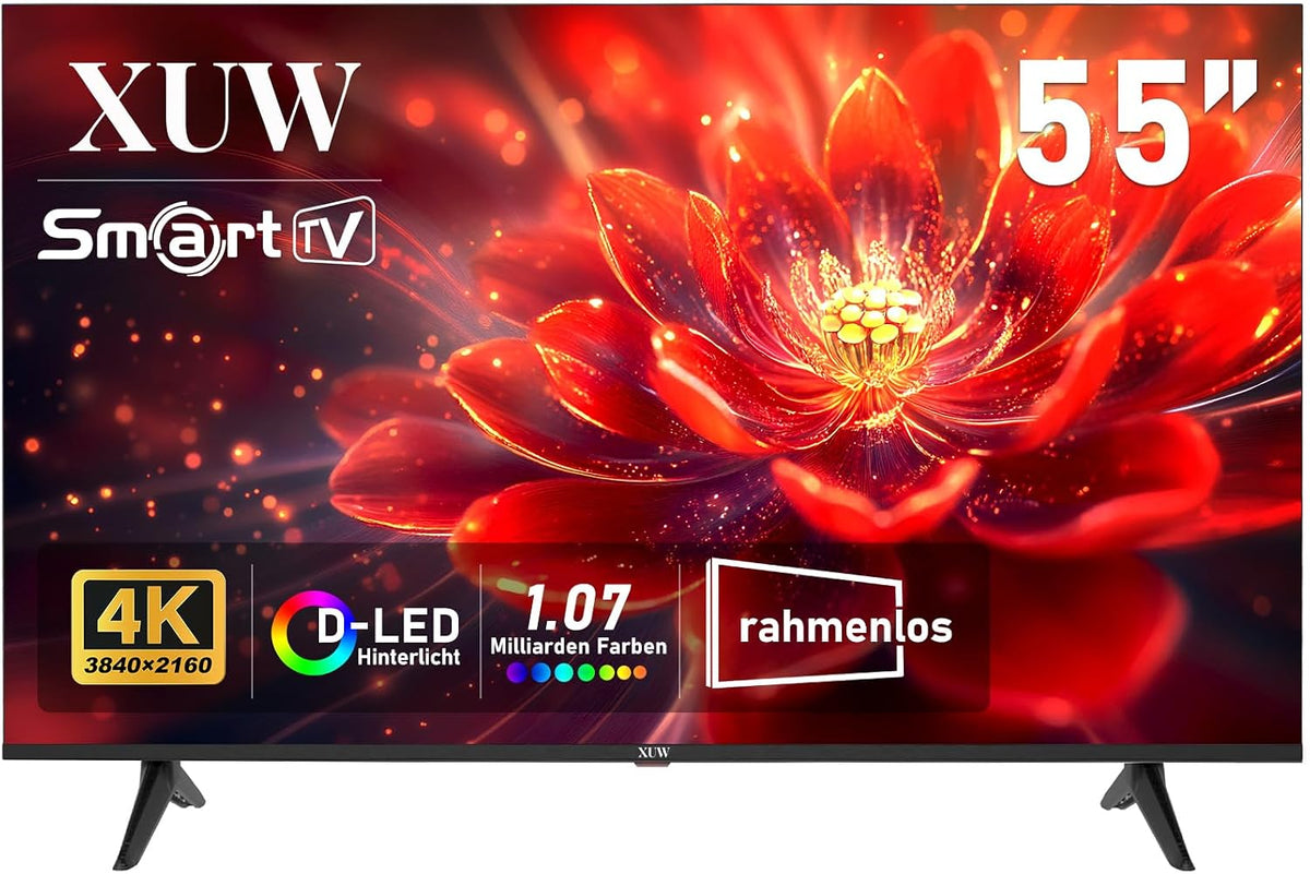 Fernseher, 55 Zoll, schwarz, Smart TV, UHD 4K Smart TV, D-LED-Hintergrundbeleuchtung, randloses Design, HDMI-USB-DVB-T2/S2-RJ45-Schnittstelle