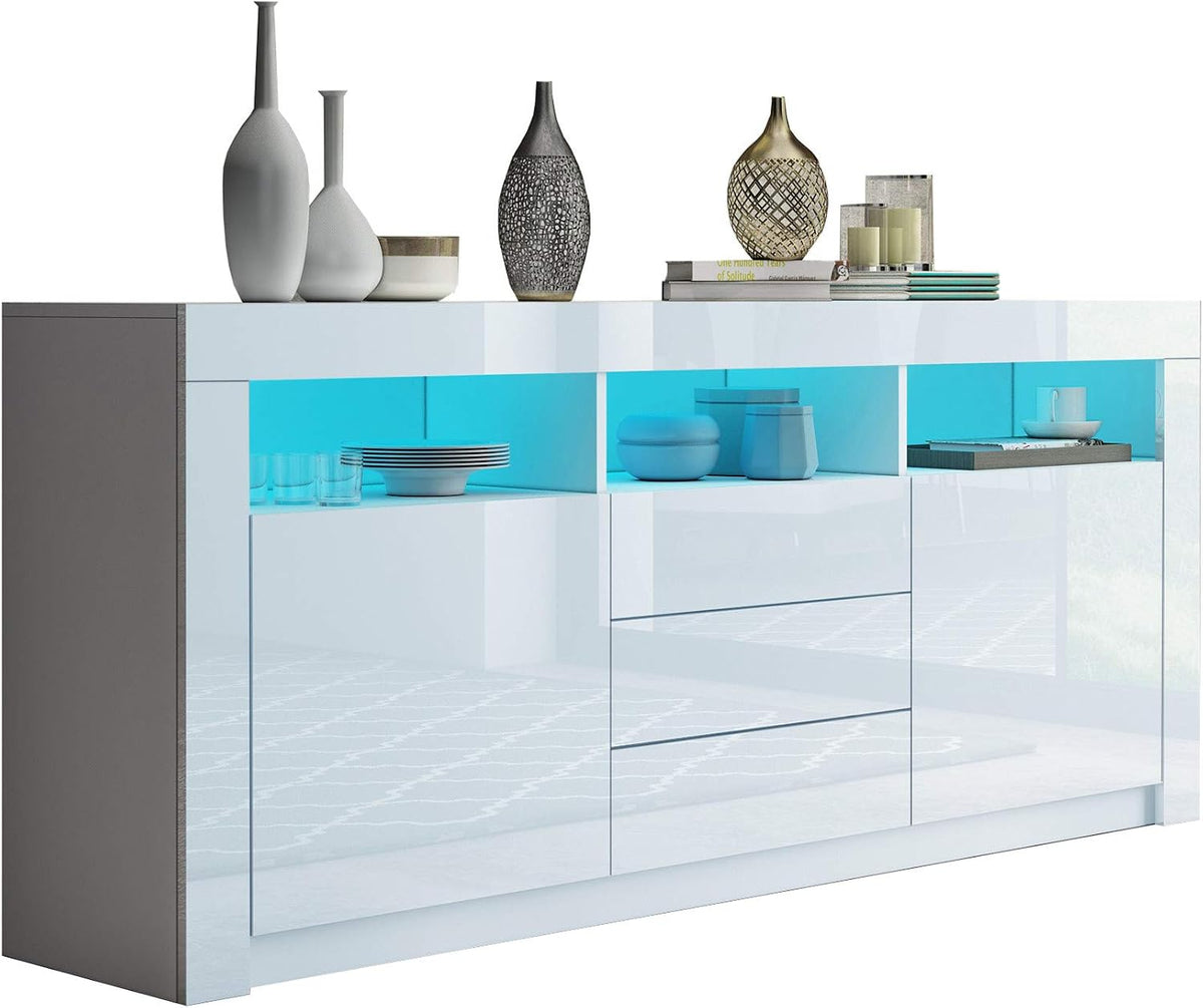 Ikewaier Sideboard, 160 cm, MDF/Spanplatte, Weiß/Grau, Moderner Schrank Kommode in Front Hochglanz 2 Türen 3