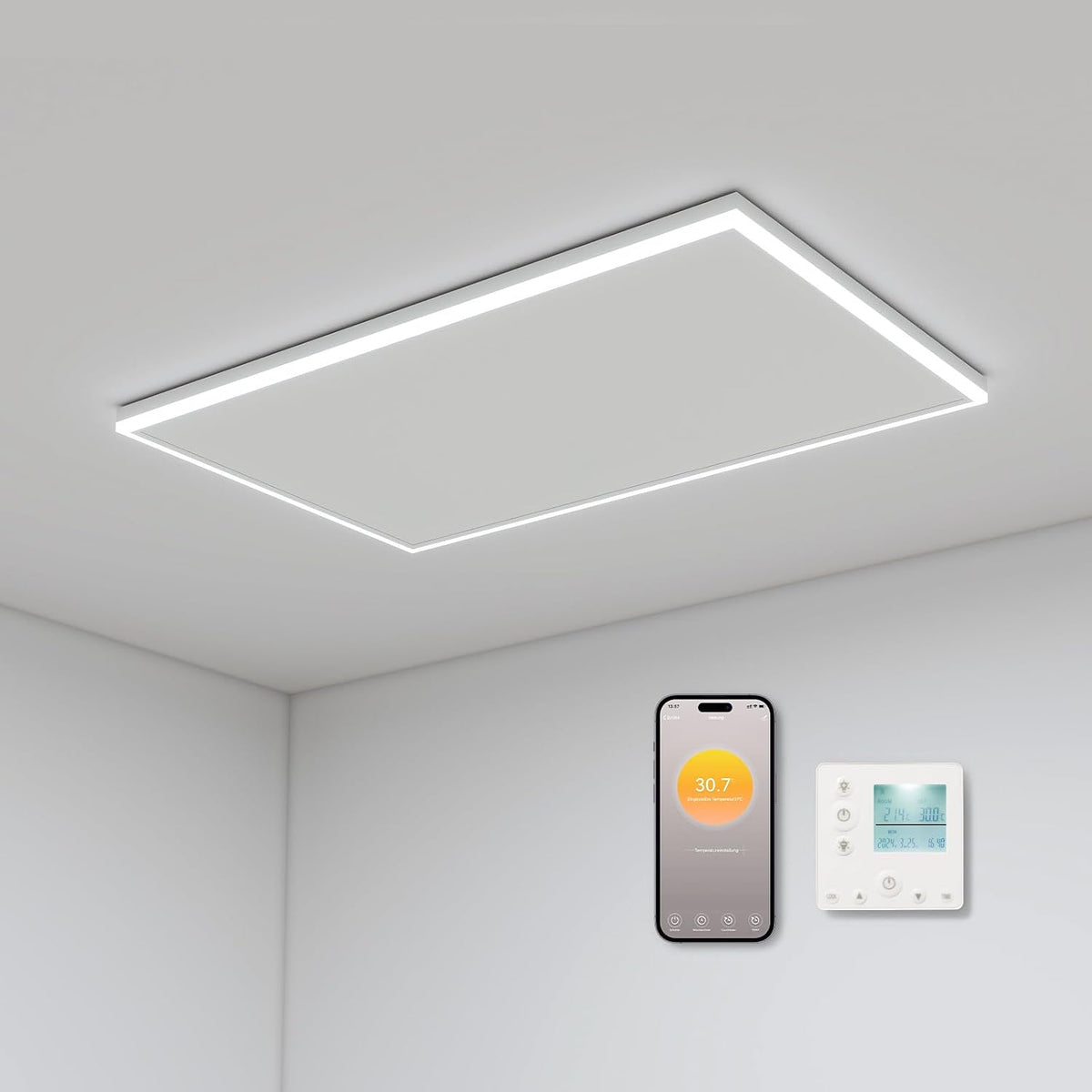 byecold Elektroheizkörper, 108x63 cm, Weiß, Infrarotheizung Deckenmontage 700 Watt, Deckenheizung Infrarot mit LED Beleuchtung