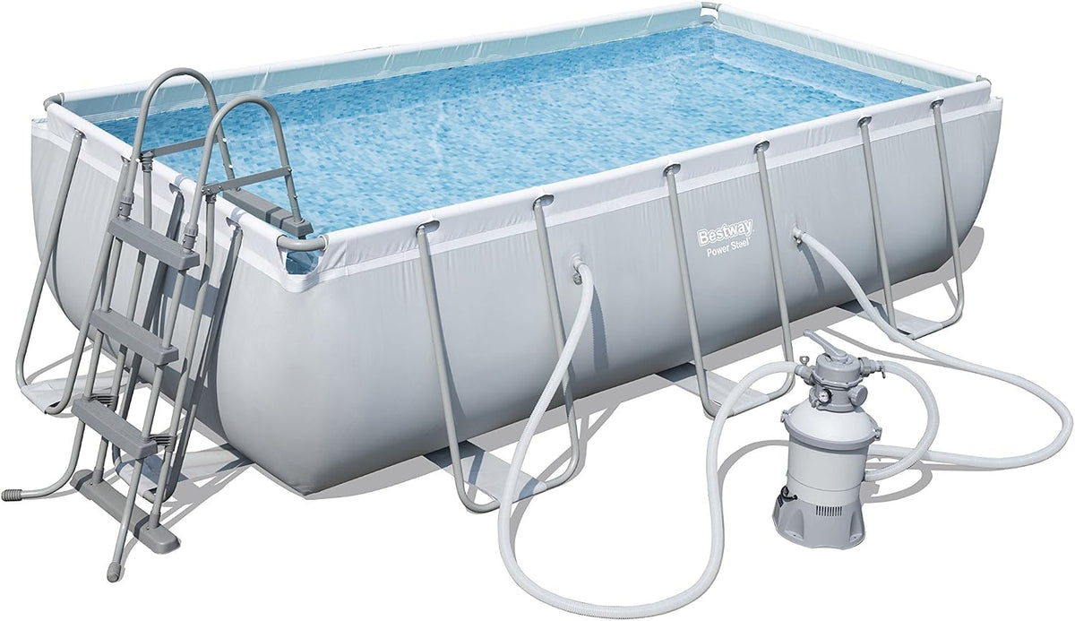 Bestway Stahlrahmenpool, 404 x 201 x 100 cm, grau, Frame Pool Power Steel, hell, rechteckig mit Sandfilterpumpe