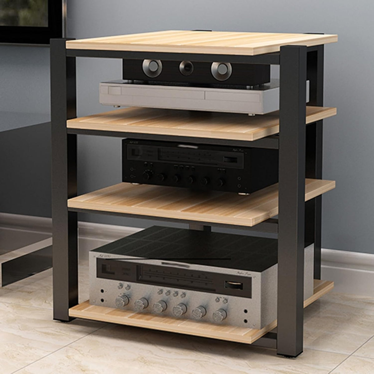 RENLXFI Audiogerät, 90 Cm, Natur, Audio Rack Hifi Regal Modernes Stereo-Rack, 4 Etagen, Hoher Verstärkerschrank