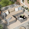 Sofa Amopatio, Grau, Rattan Gartenmöbel-Set, Poly Rattan Sitzgruppe Couch 5 Teilig mit 3er, Sessel, Kissen und Glastisch für Garten