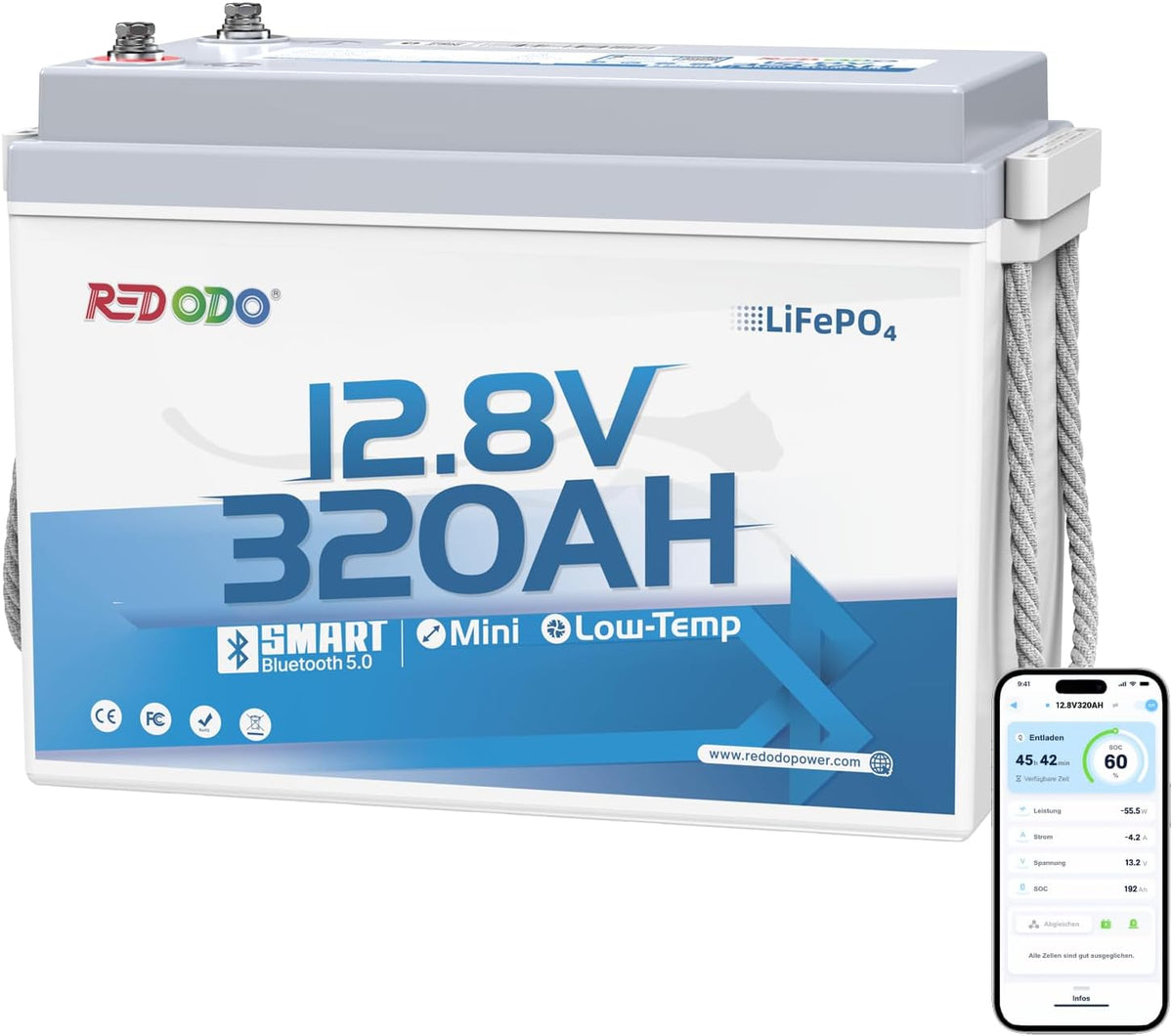 Redodo Kochfeld, 320 Ah, 12 V, Schwarz, B190 LiFePO4 Batterie mit Bluetooth, Mini-Gehäuse, IP65