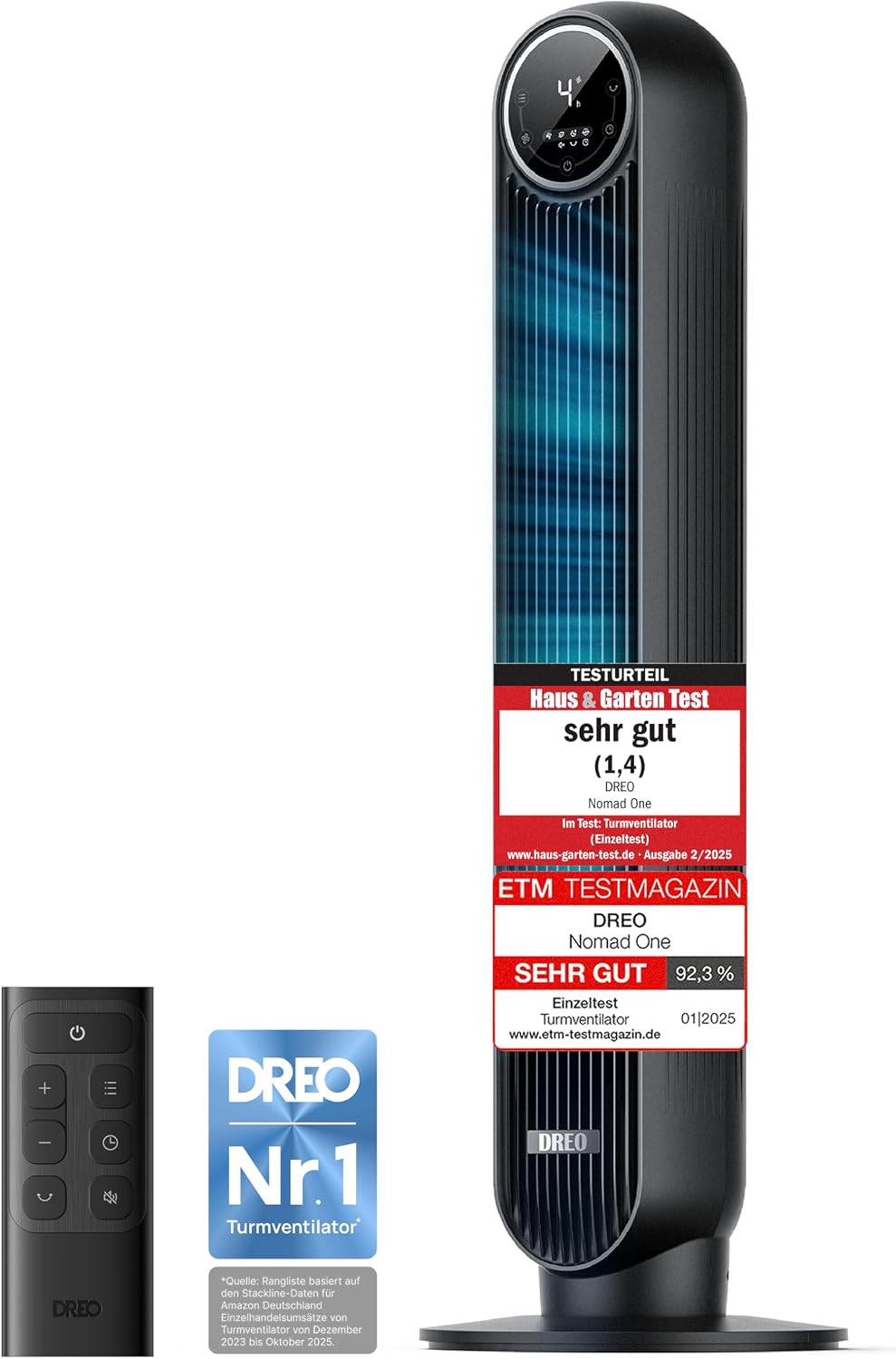 DREO Turmventilator, 10m, Schwarz, Leiser, Wurfweite 8 Geschwindigstufen 4 Modi 8 Std. Timer 90°