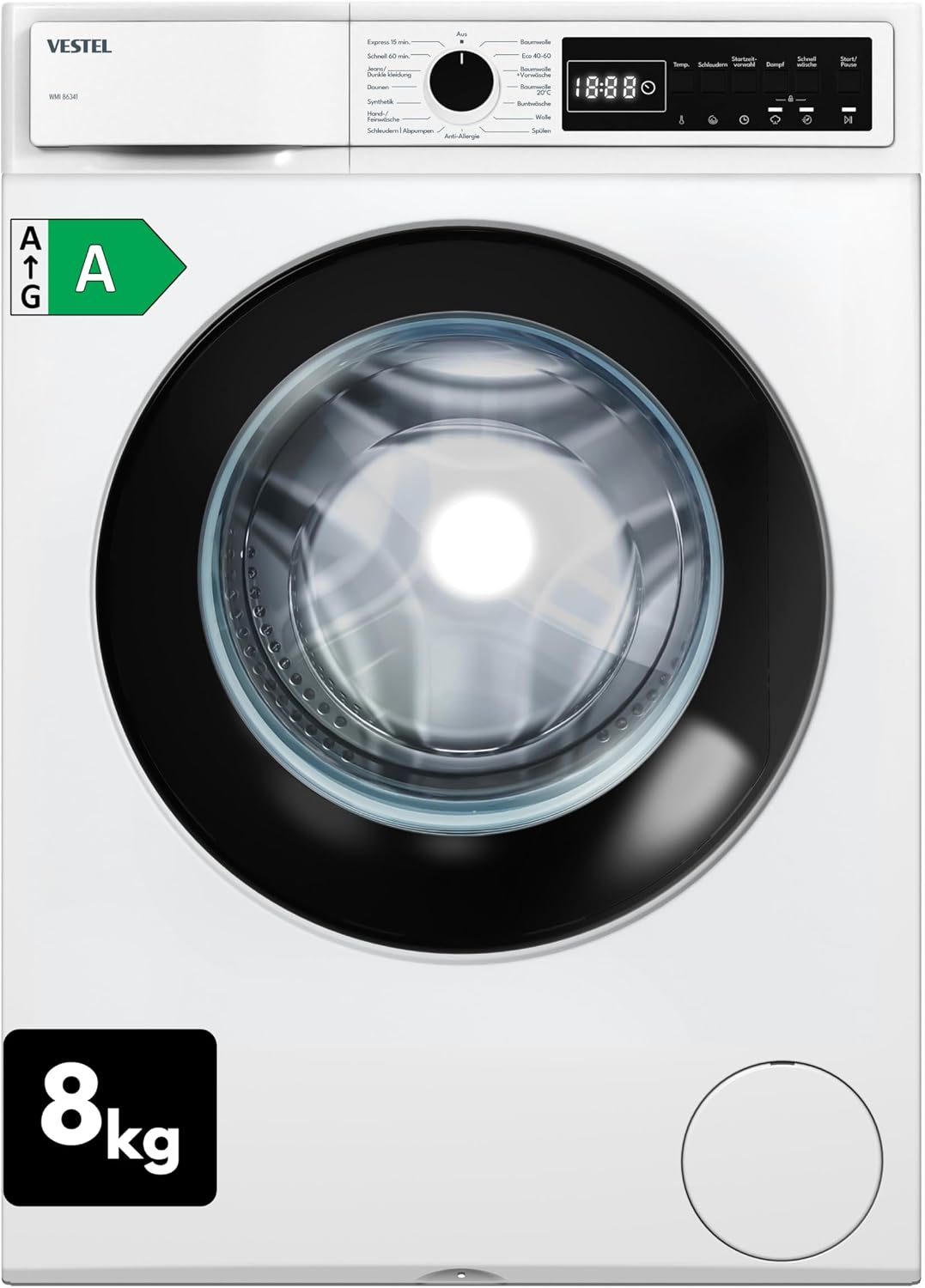 Vestel Waschmaschine, 8 kg, Weiß/Schwarz, WMI 86341 Frontlader, 1400 U/min, Energieeffizienzklasse A, Inverter-Motor