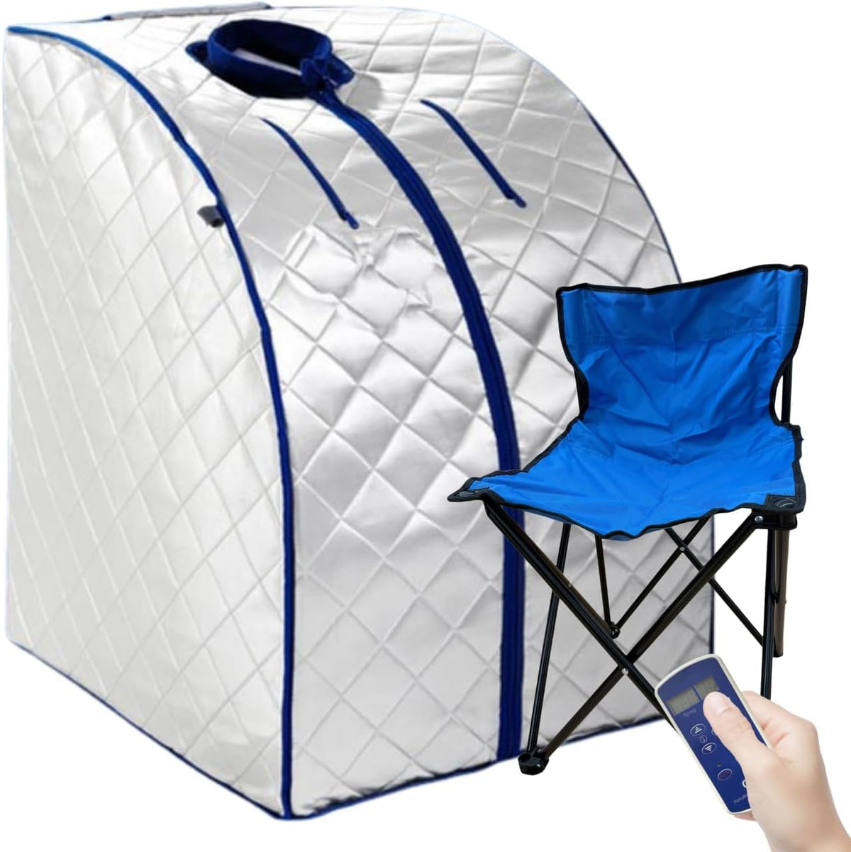 chi-enterprise Saunen, 1000 W, Silber/Blau, Portable Infrarotsauna XL Deluxe mit Klapphocker, Faltbare Heimsauna für 1 Person