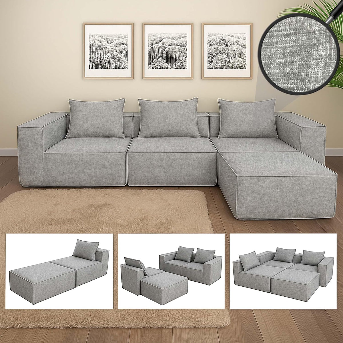 Sofa Mendler, 63x270x190 cm, Hellgrau, L- HWC-O54 mit Ottomane, Stoff/Textil