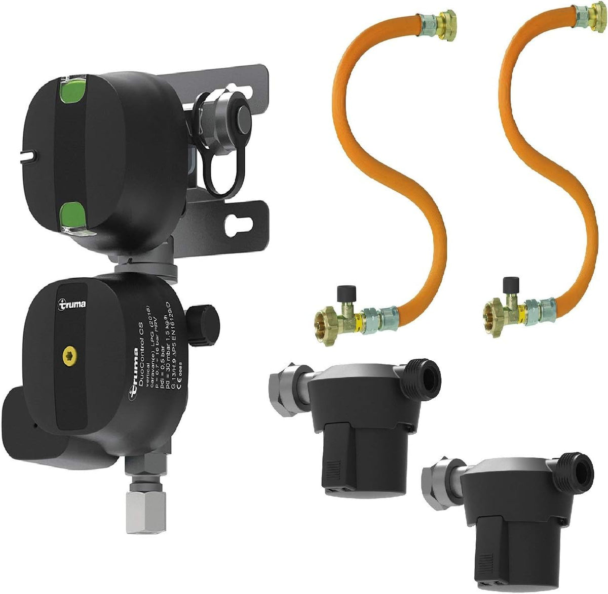 Truma Schläuche & Regler, Schwarz/Orange/Silber, Camping Gasregler DuoControl CS 30mbar vertikal Komplett Set