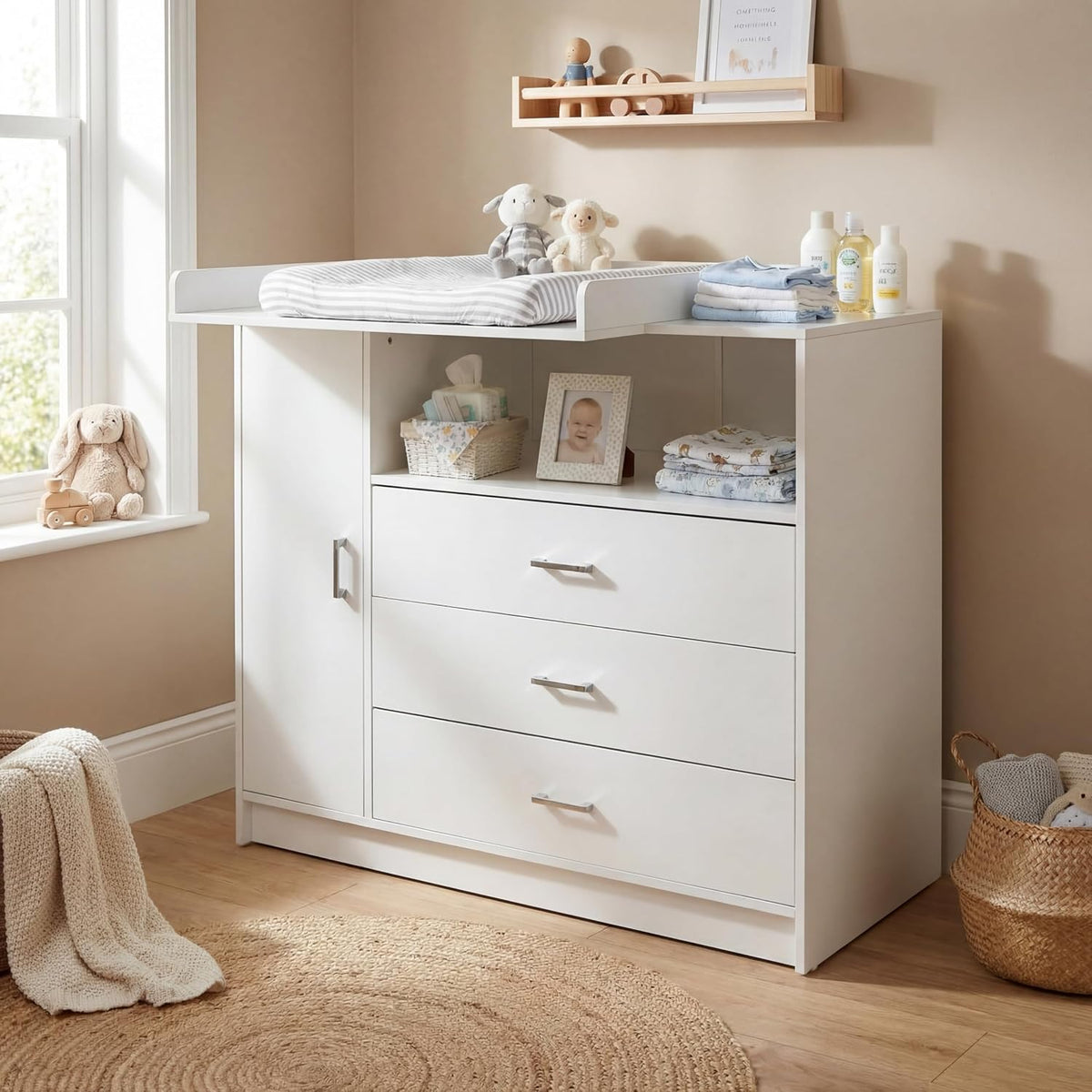 ecomi Sideboard, 113x100 cm, Weiß, Wickelkommode Wickeltisch Baby Kommode aus Holz mit, 3 Schubladen, 1 Tür, 100 cm Höhe