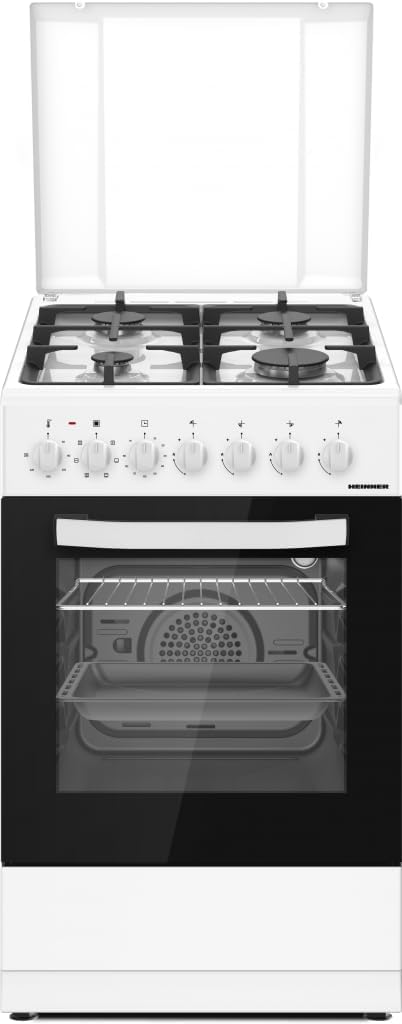 HEINNER Backofen, 50×60 cm, Weiß/Schwarz, HFSC-S65MIXF-WH, Kombi‑Herd mit 4 Gasbrennern & Elektrischem, Timer, Grill