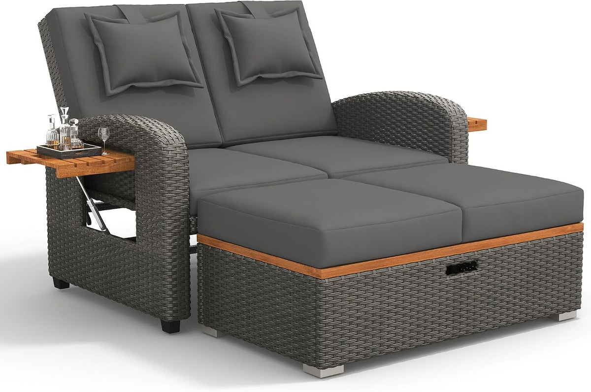Sofa Dolamaní, Grau, Sonneninsel Outdoor Wetterfest mit Verstellbare Rückenlehne, Doppel Sonnenliege Rattan, Stauraum Fußhocker