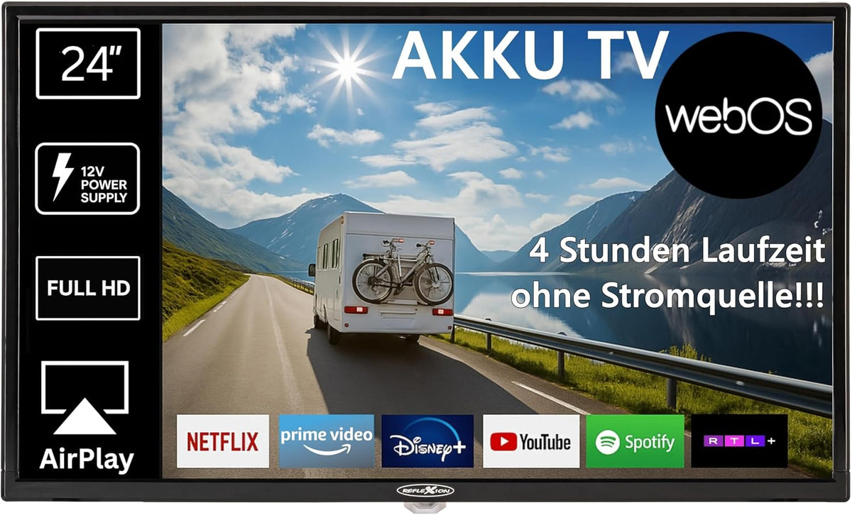 Reflexion Fernseher, 24 Zoll, 60 cm, 230 V, 12 V, Schwarz, LEDA24OSBT Smart LED Akku powered by webOSHub, Camping/Wohnmobil/Wohnwagen/Boot/LKW TV