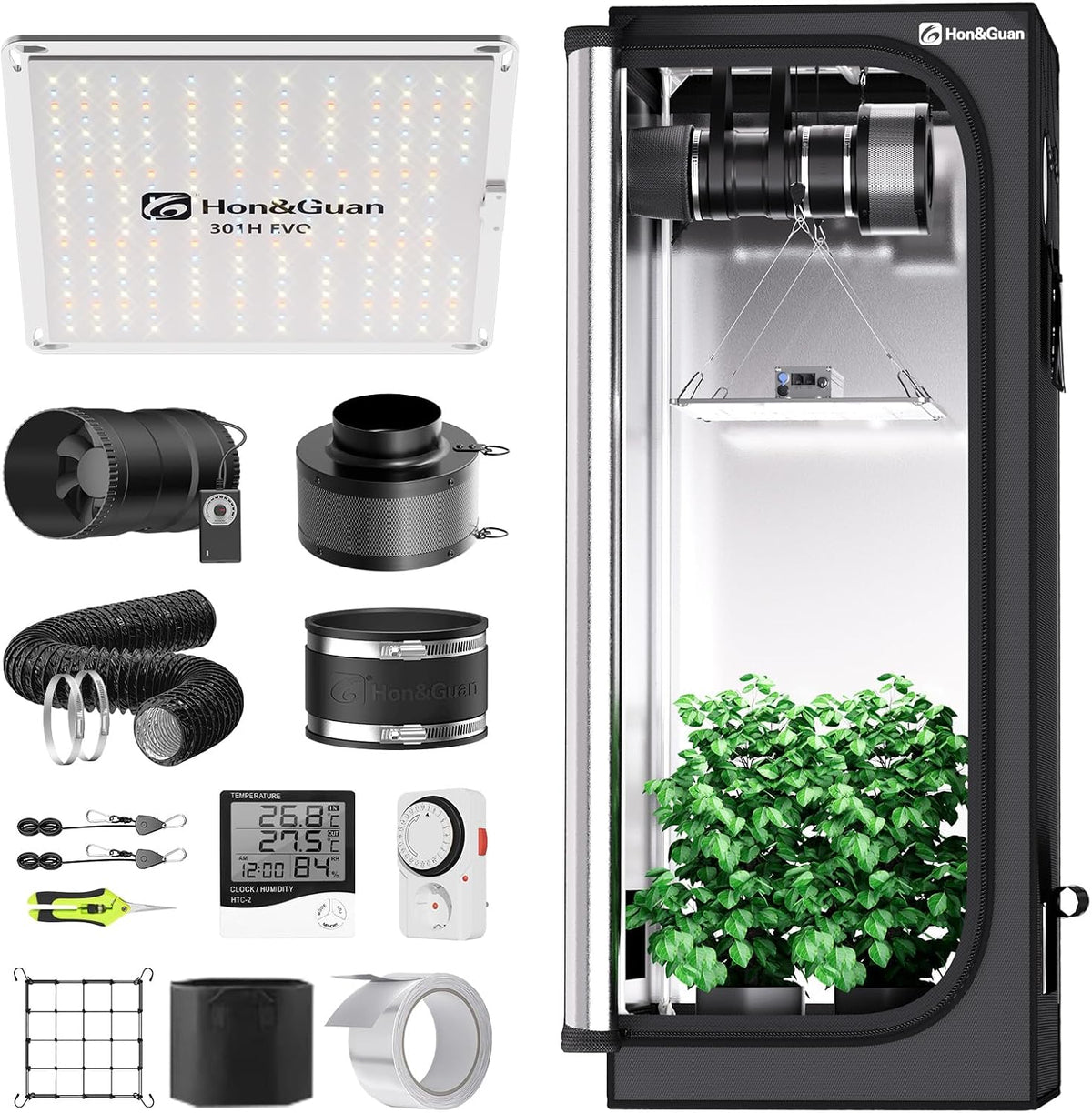 Hon&Guan Zuchtzelte, 60x60x160 cm, 150 mm, Schwarz/Silber, Growzelt Komplettset mit HG1000 LED Grow Lampe Grow Tent