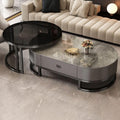Sofa ZDFTGKM, Schwarz/Grau, Ovaler Couchtisch aus Stein, 2er-Set, Wohnzimmertisch mit Schublade, Beistelltisch aus Glas