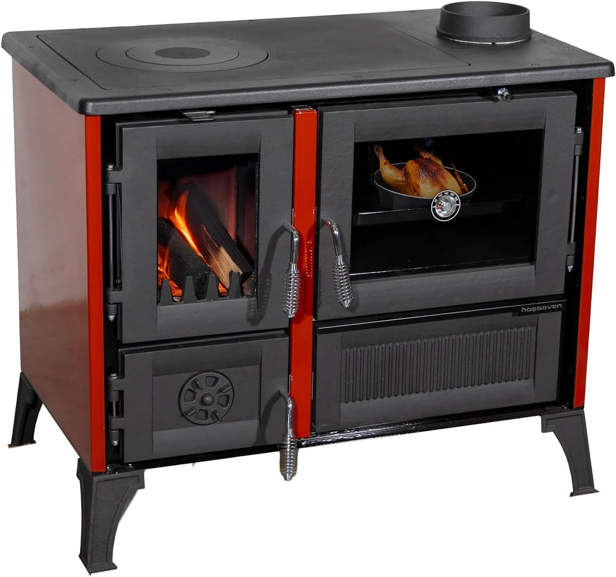 Hosseven Kaminofen, 8 kW, Rot, mit Backfach und Herdplatte 4013 Holzofen Holz Ofen