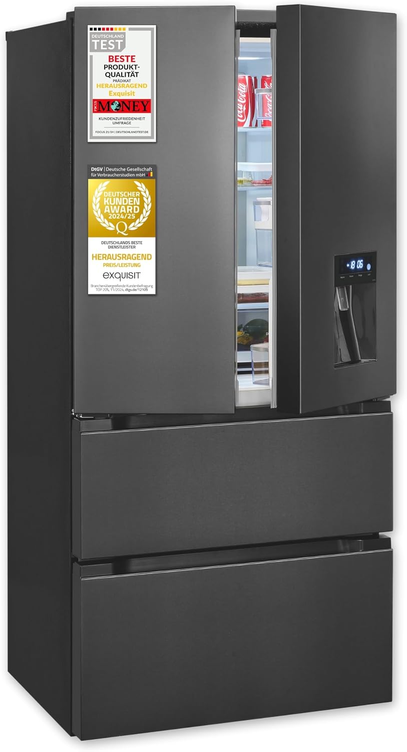 Exquisit Kühlschrank, 506 L, Schwarz, Frenchdoor-, Kombigerät, 2-in-1, Kühl- und Gefrierteil, No-Frost, Wasserspender