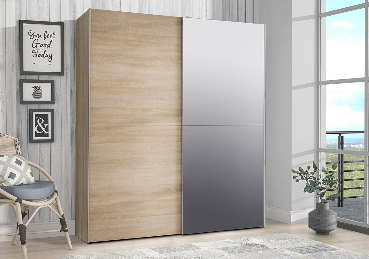 Kleiderschrank Forte, 190,5 cm, 170 cm, 61 cm, Hellgrau/Eiche, KAIKAIS klassischer 170, Schwebetürenschrank Skandinavisch mit Spiegel