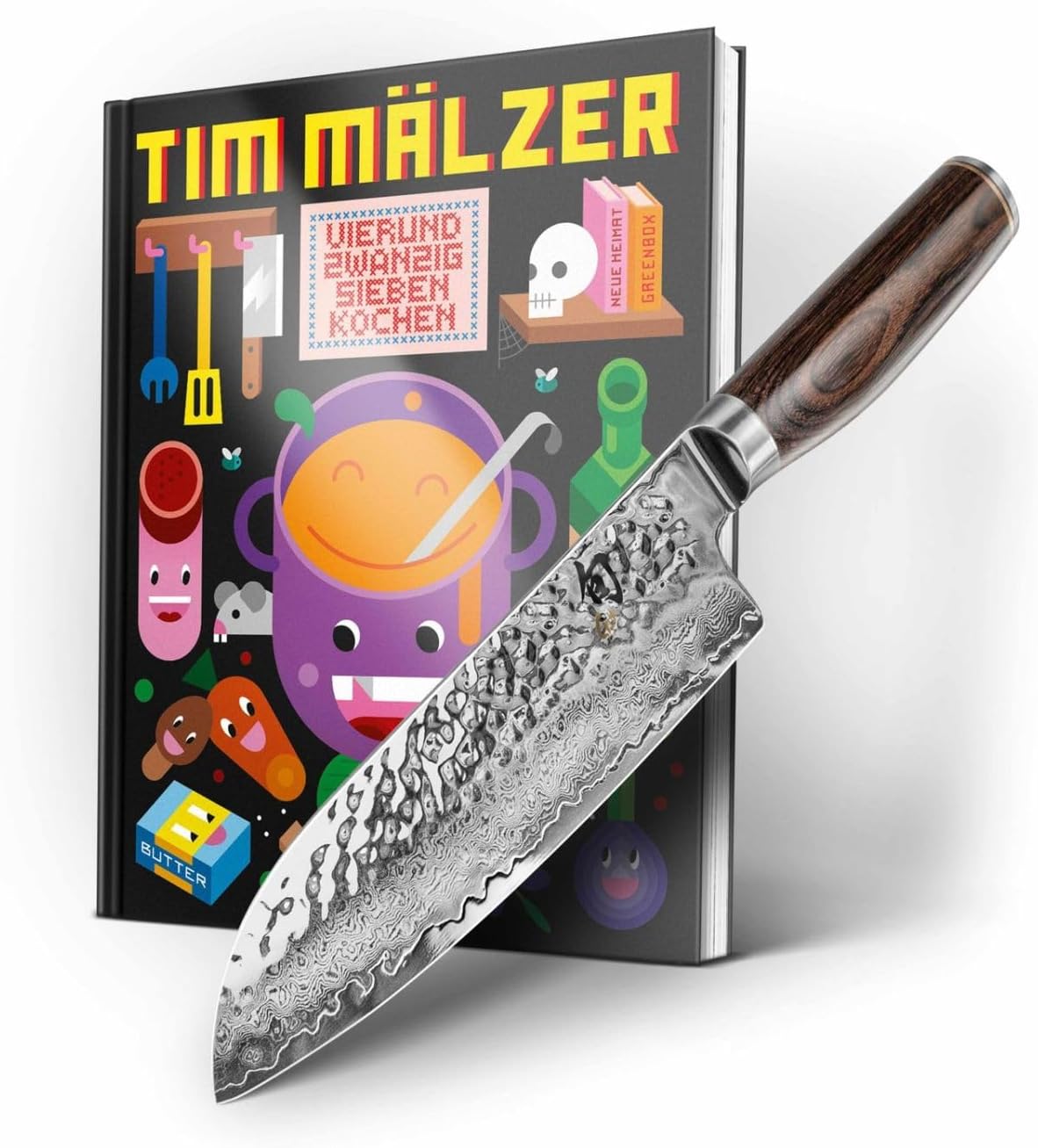 KAI Santoku-Messer, 18 cm, Silber/Braun, Europe GmbH Weihnachtsaktion Tim Mälzer TDM-W23, Santoku + neues Kochbuch handsigniert limitiert