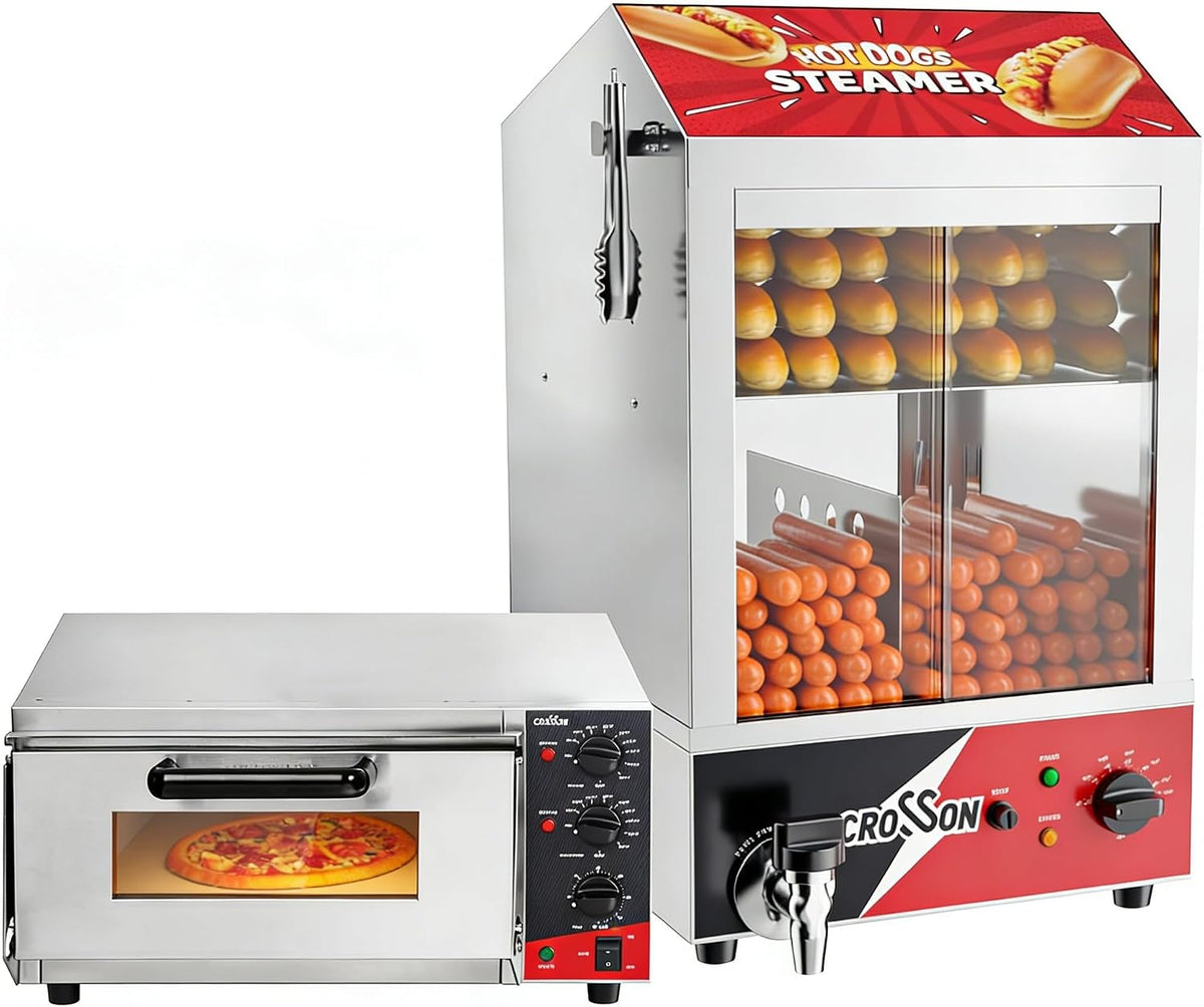 crosson Pizzaofen, 42 L, Schwarz, Hot Dog Dampfgarer, 175 Hot Dogs und 50 Brötchen, elektrischer Profi- mit 400x400 mm Backfläche