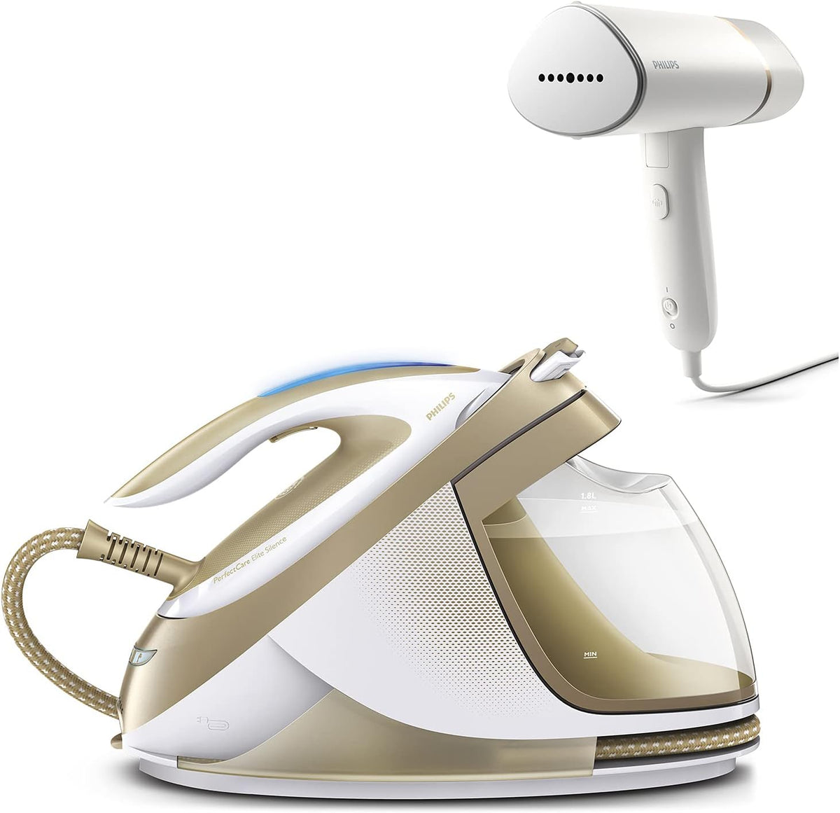 PHILIPS Dampfglätter, 2400 W, Schwarz, Dampfbügel-Set - Dampfbügelstation GC9642/60 PerfectCare, + STH3020/10, faltbar inkl. Aufbewahrungstasche
