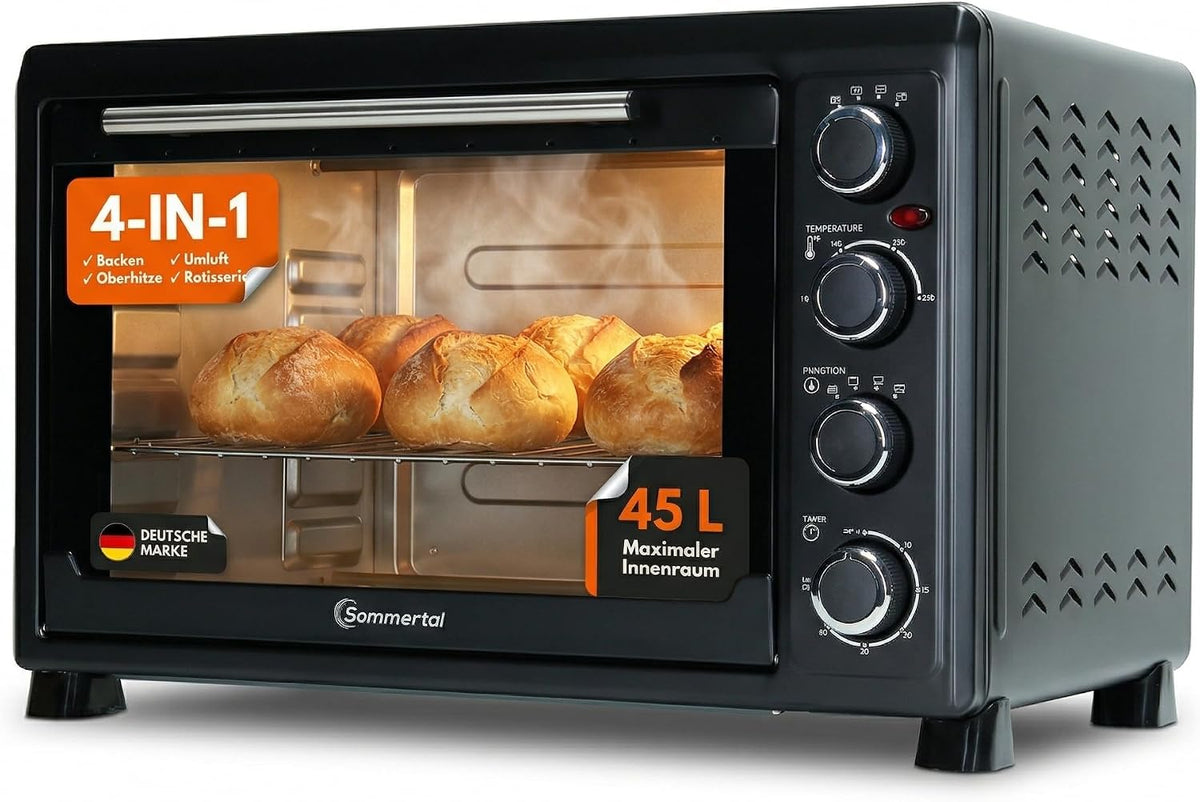 Sommertal Backofen, 2000 W, 45 L, Silber, Mini, Drehspieß, Umluft, 100-230°C, 60m