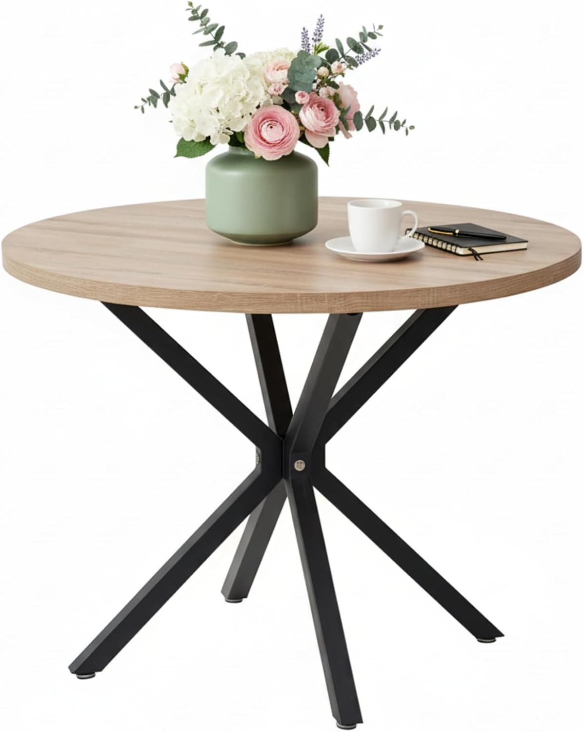 GrandCA HOME Esstisch, 100 cm, Helle Holzmaserung/Schwarz, rund，Großer, Geeignet für 4-6 Personen，MDF-Platte/Metallbeine aus Eisen